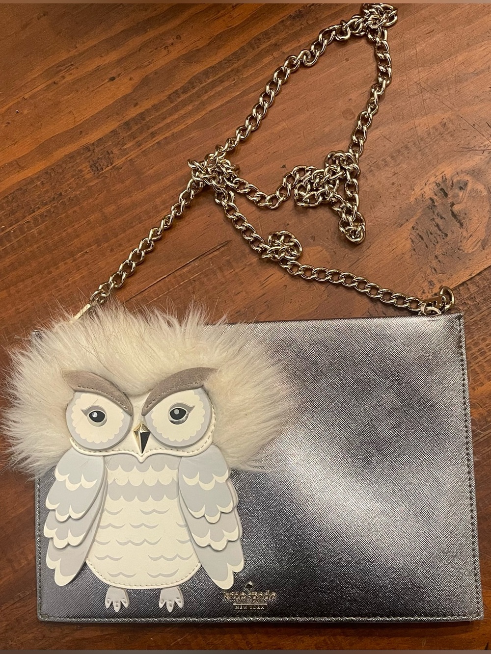 kate spade Metallic Silver Owl Chain Crossbody Bag